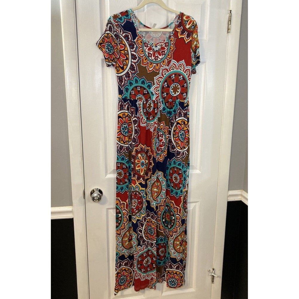 Viishow Multicolor Floral Bohemian Ruched Stretch Maxi Dress Round Neck L